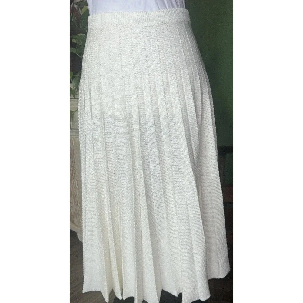 Vintage Ivory Pleated Midi Fine Knit Sweater Skirt-S Preppy Library Chic